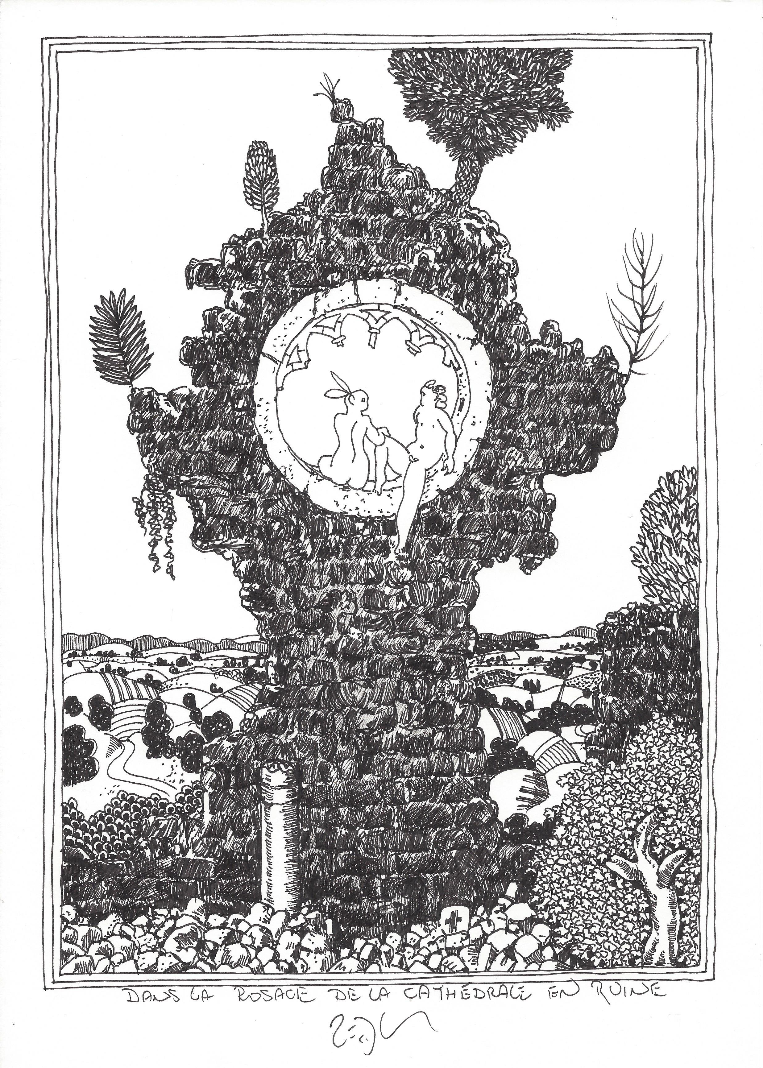 « In the rose window of the ruined cathedral – Dans la rosace de la cathédrale en ruine »