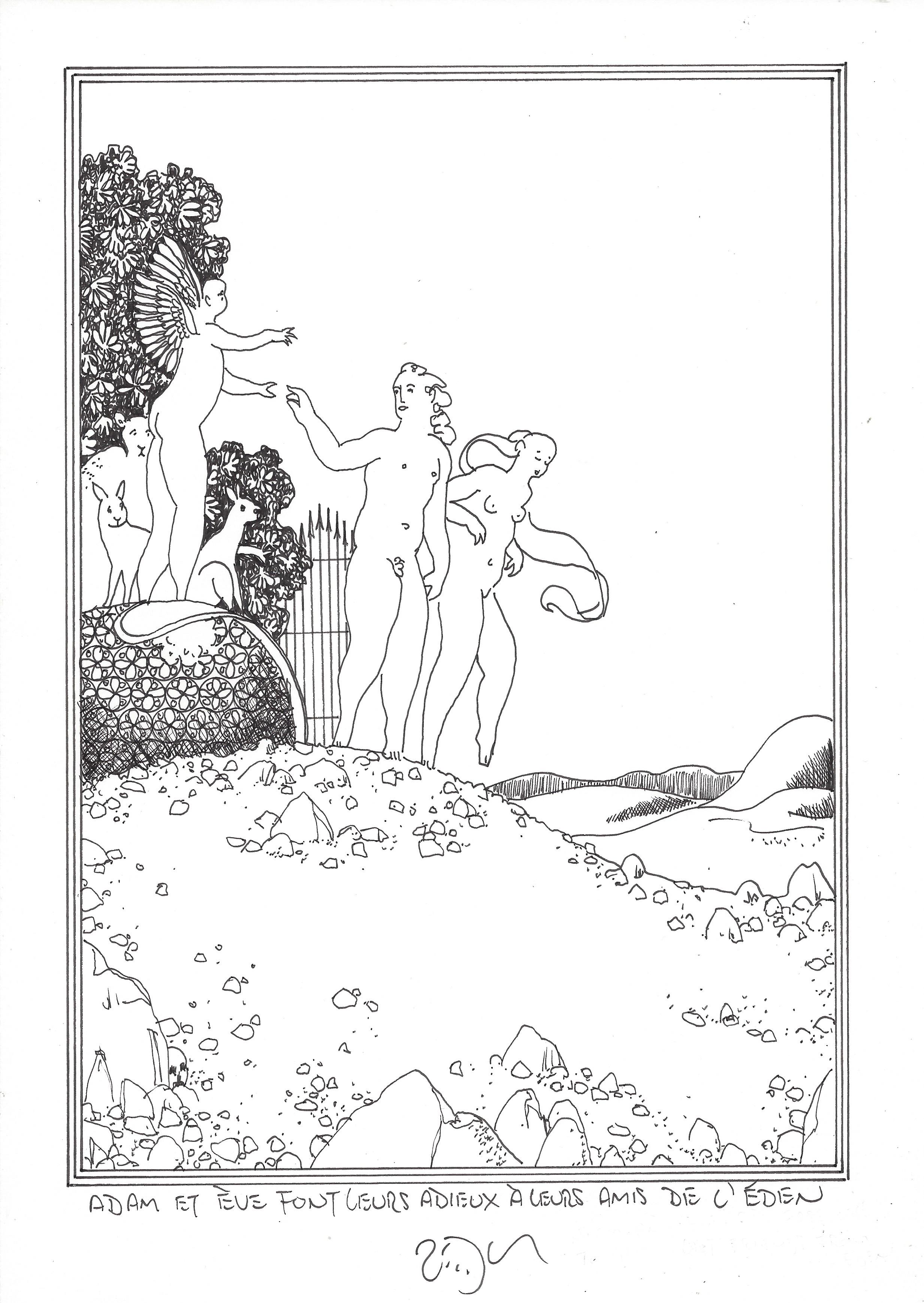 « Adam and Eve bid farewell to their friends from Eden – Adam et Ève font leurs adieux à leurs amis de l’Éden »