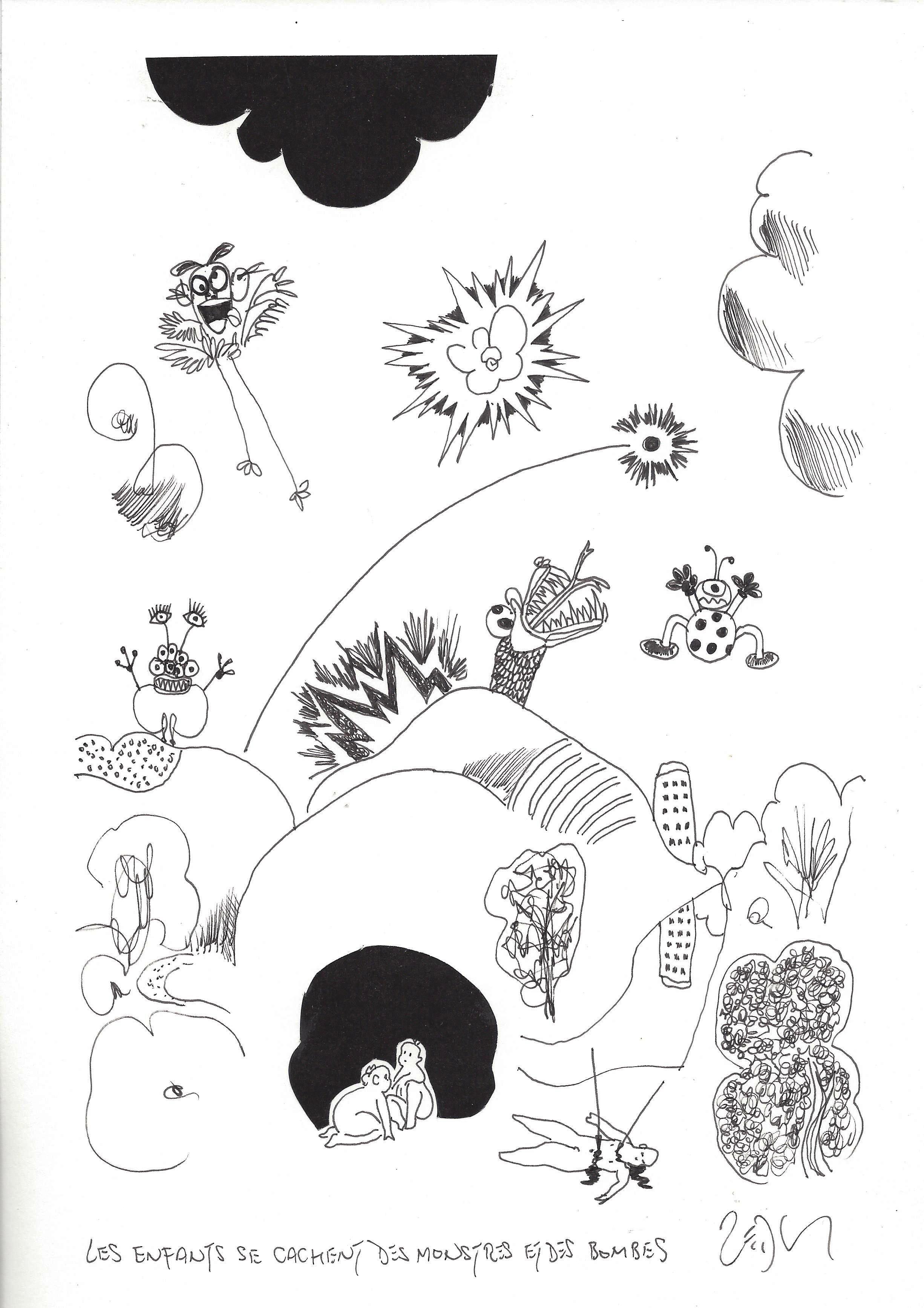 « The children hide from monsters and bombs – Les enfants se cachent des monstres et des bombes »