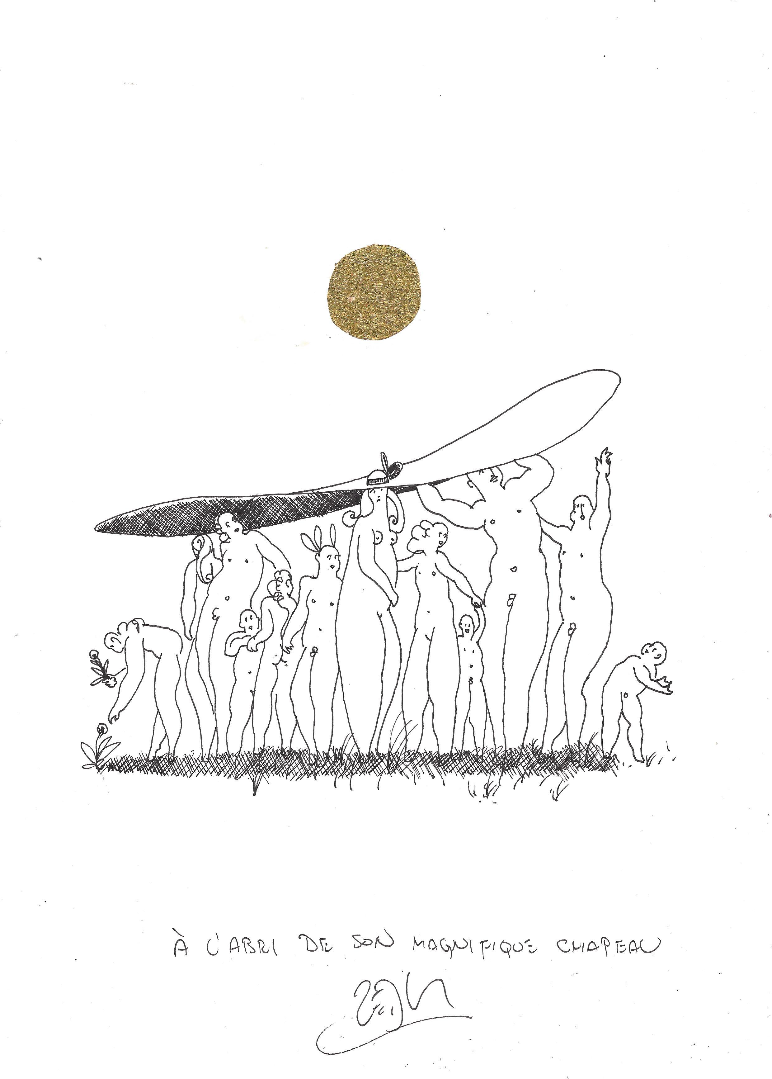 « Under the shelter of her great hat – À l’abri de son magnifique chapeau »