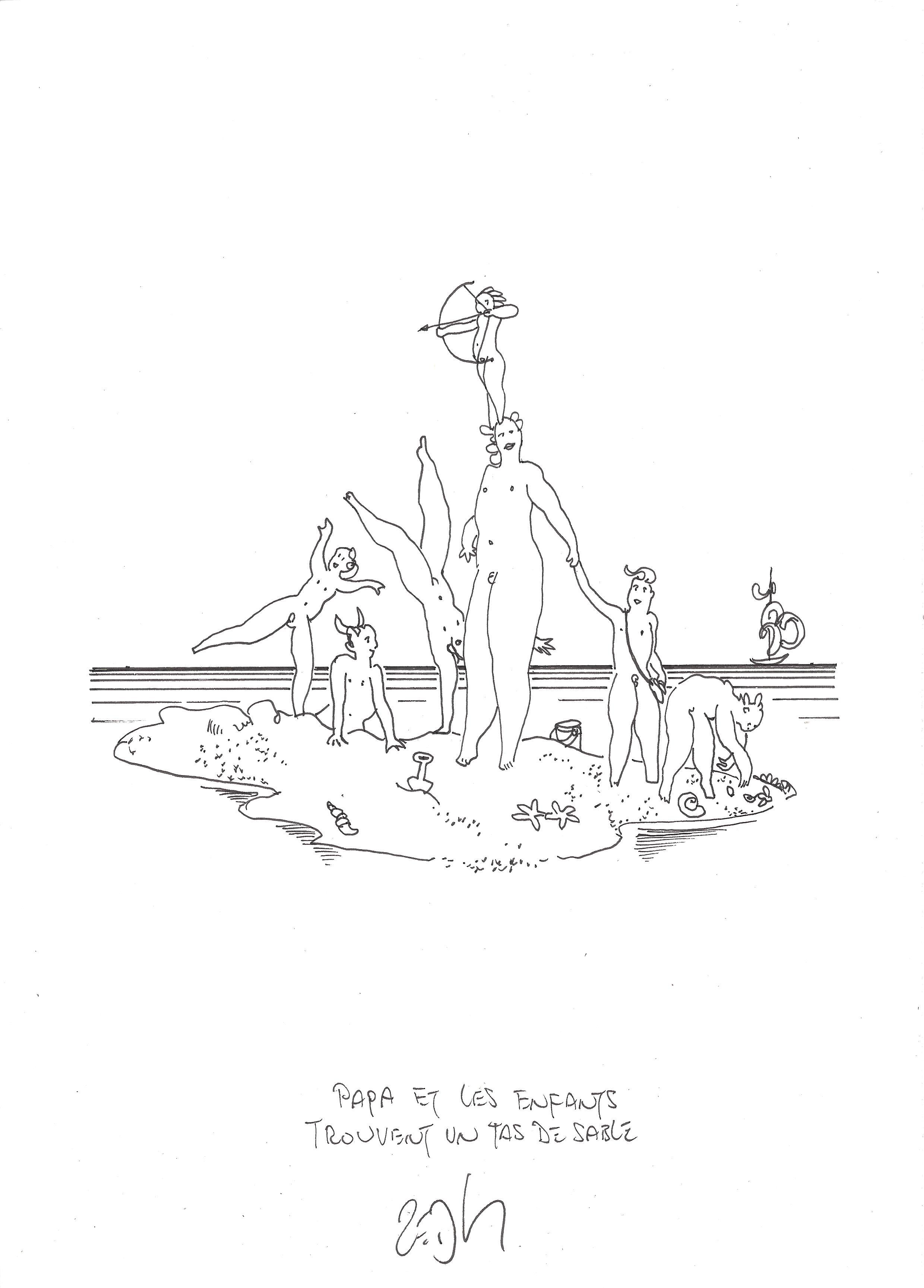 « Dad and the kids find a sand pile – Papa et les enfants trouvent un tas de sable »