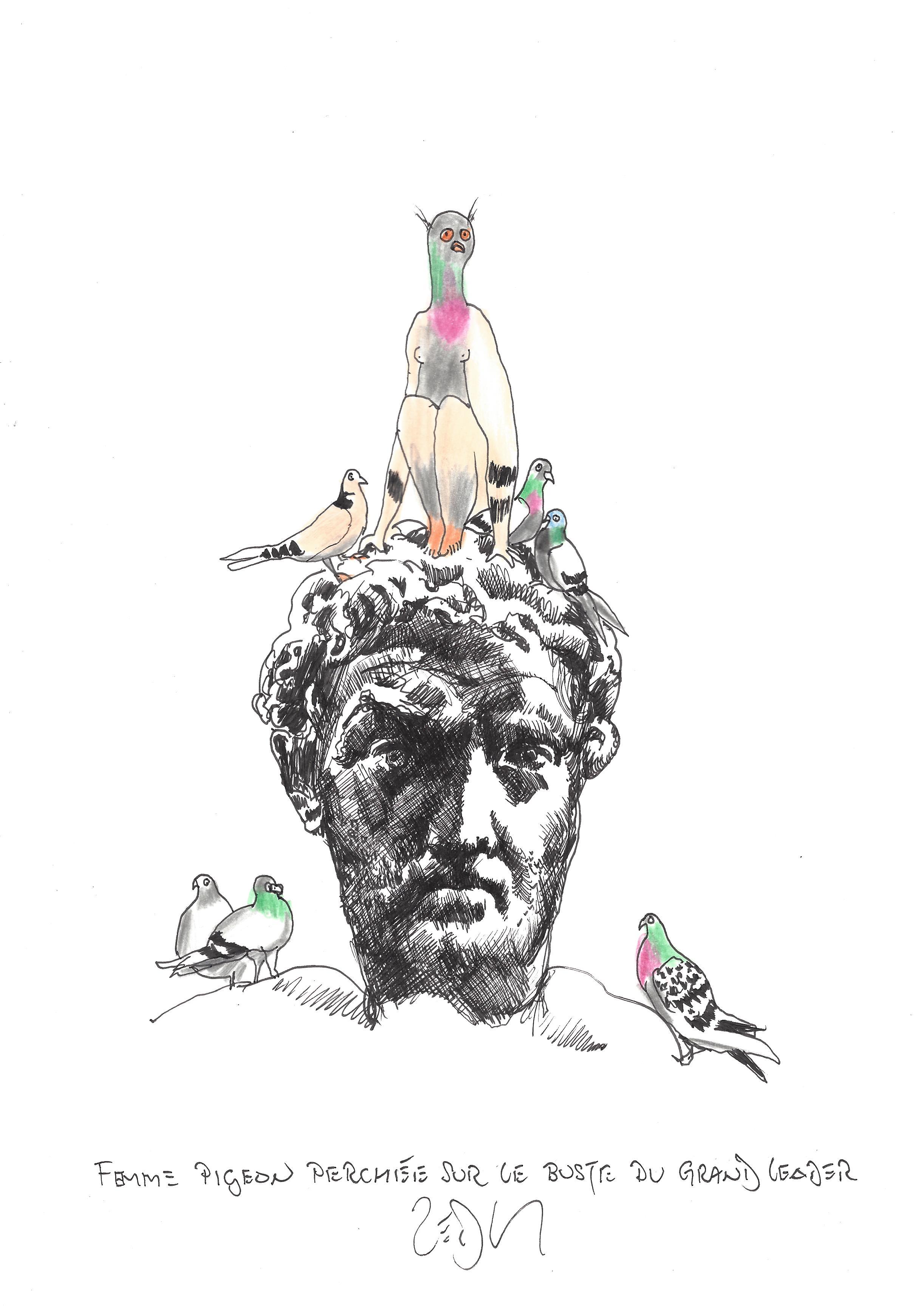 « Pigeon lady perches on the bust of the great leader – Femme pigeon perchee sur le buste du grand leader »