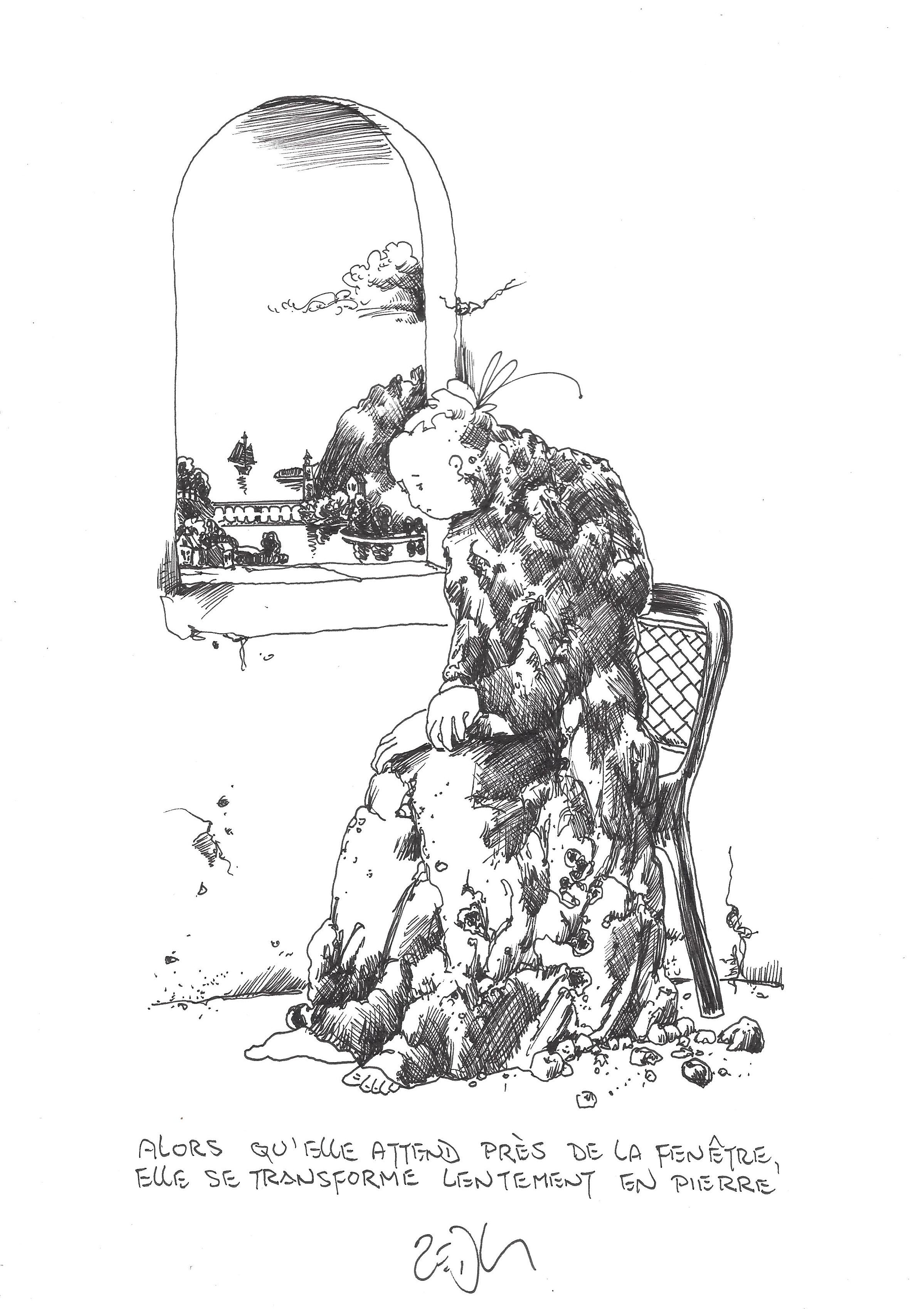 « Waiting by the window, she slowly turns to stone – Alors qu’elle attend près de la fenêtre, elle se transforme lentement en pierre »