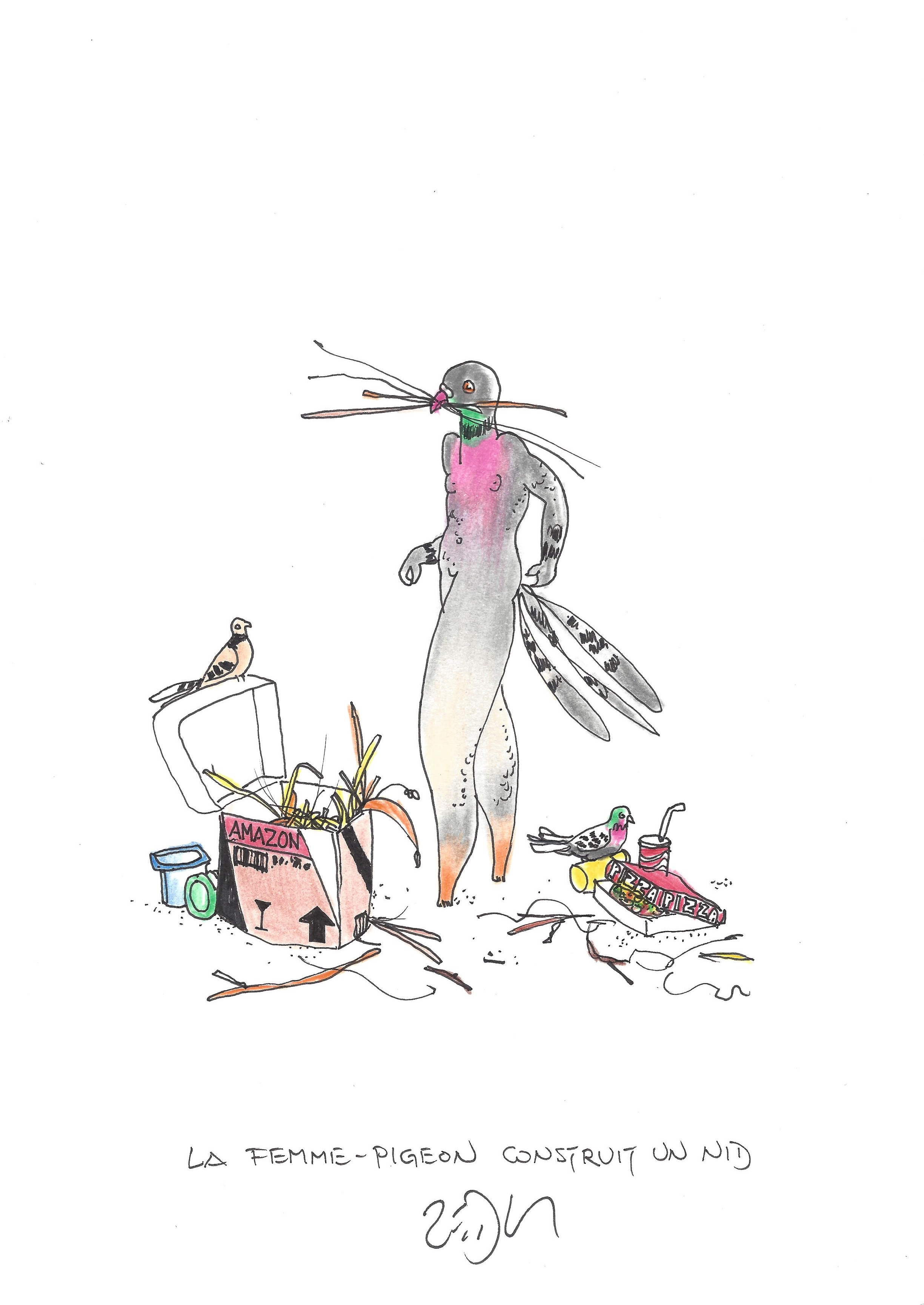 « Pigeon lady builds a nest – La femme-pigeon construit un nid »