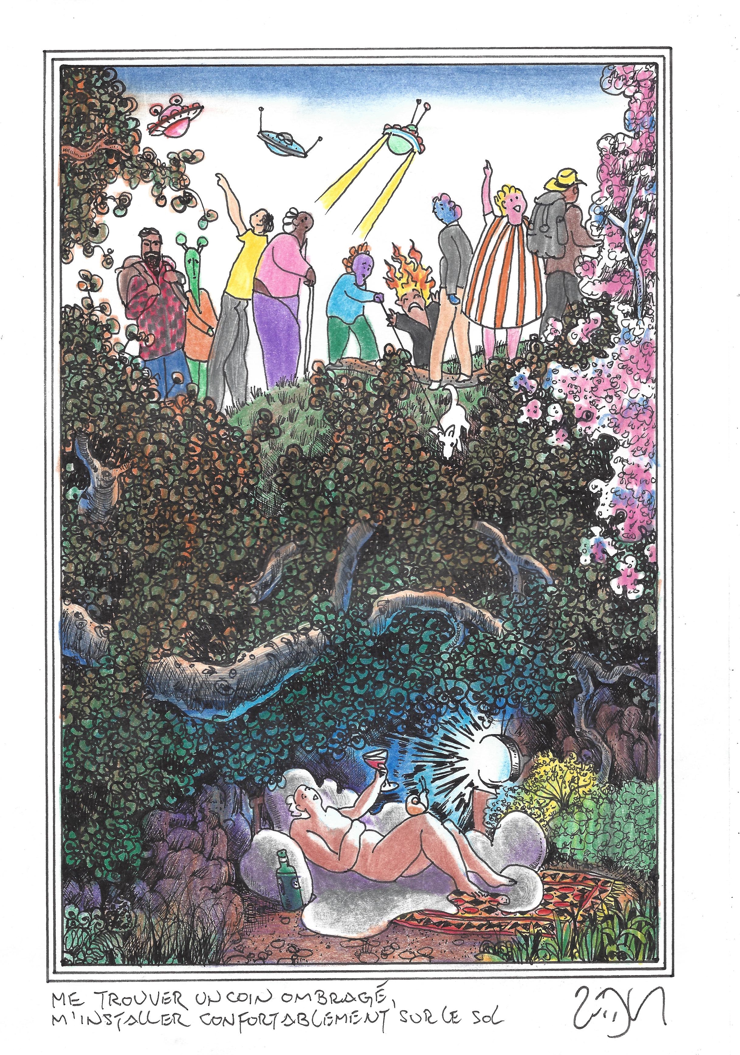 « Find myself a shady spot, lie idle on the ground – Me trouver un coin ombragé, m’installer confortablement sur le sol »