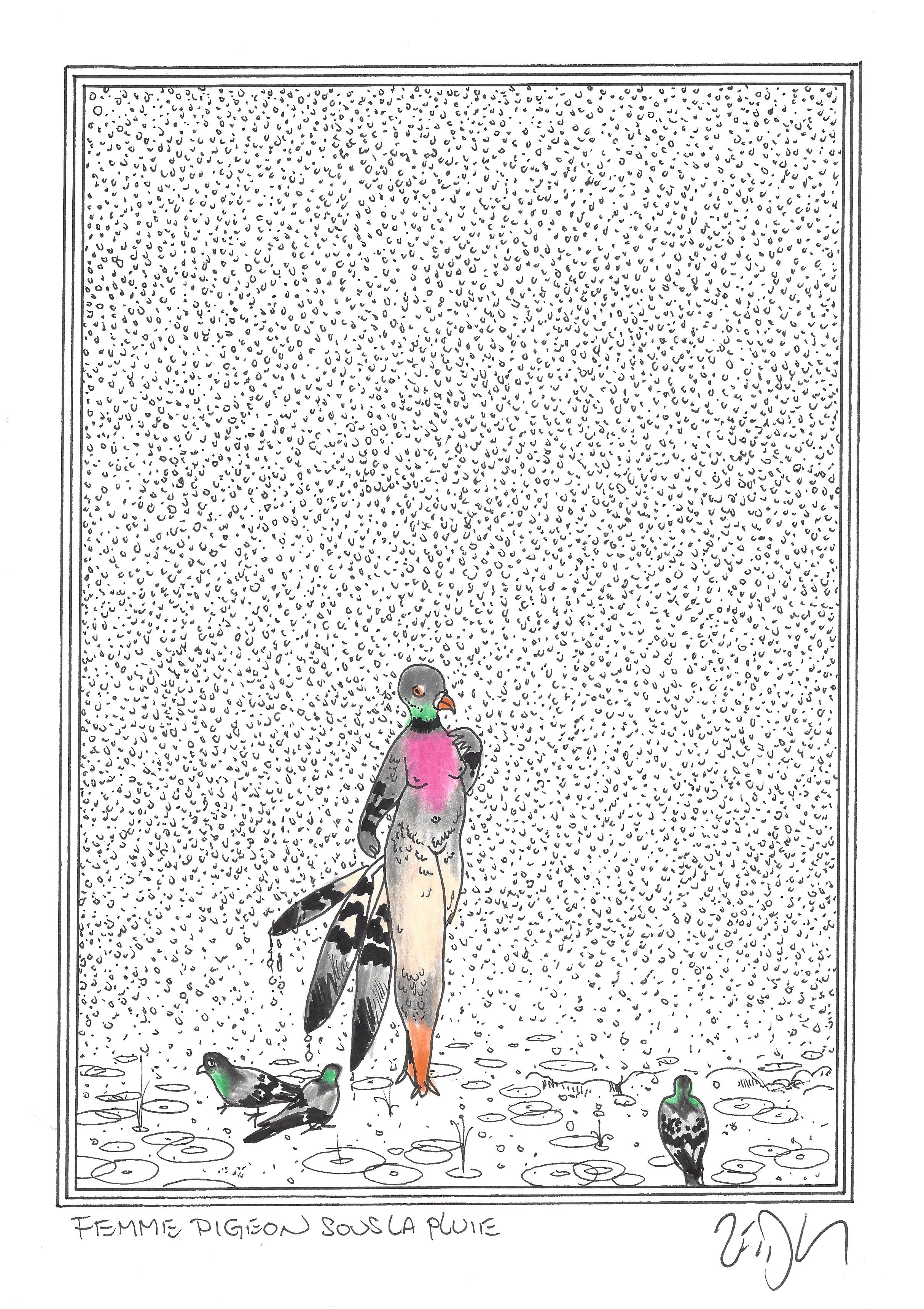 « Pigeon lady in the rain – Femme pigeon sous la pluie »
