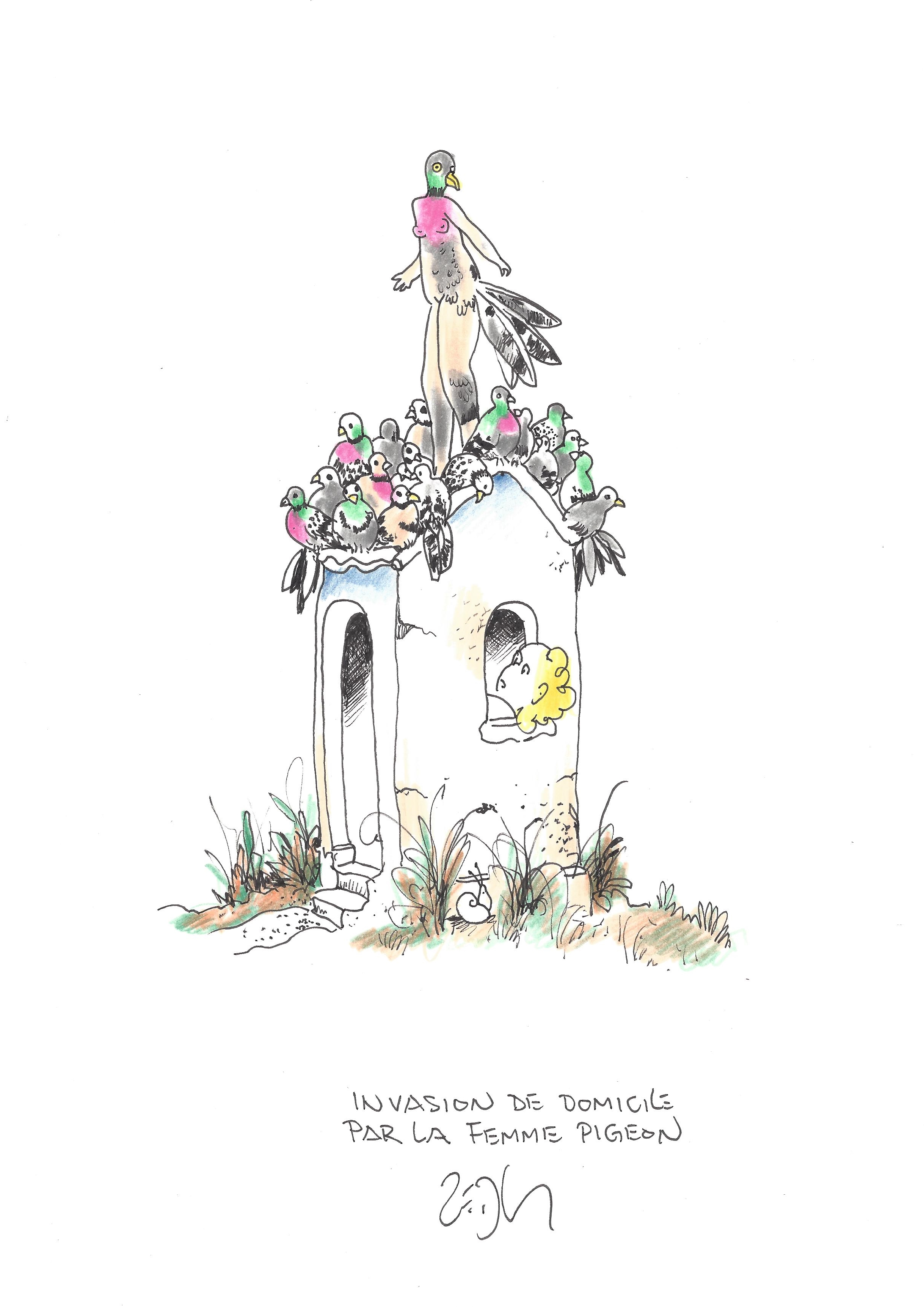 « Pigeon lady house invasion – Invasion de domicile par la femme pigeon »