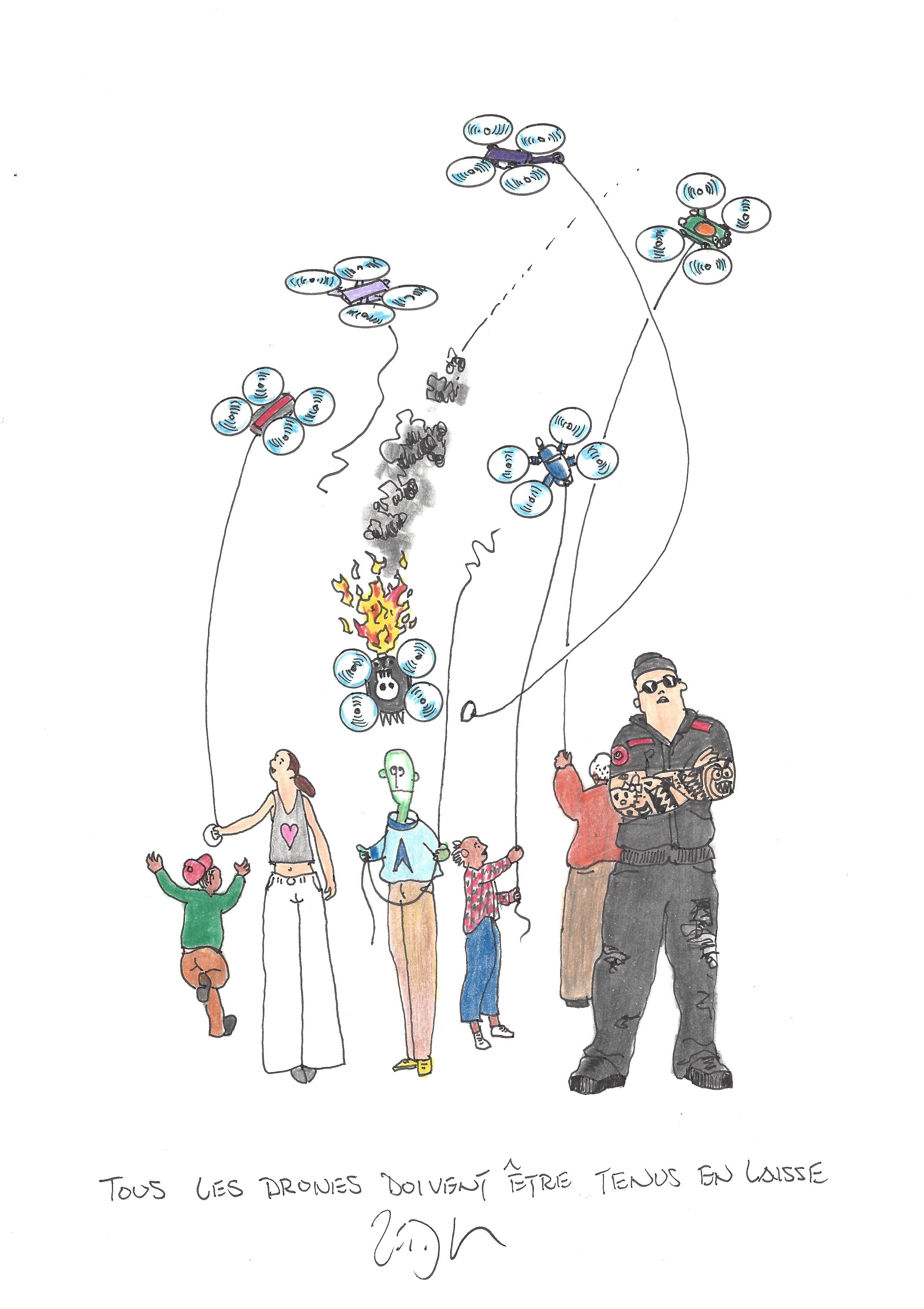 « All drones must be kept on a leash – Tous les drones doivent être tenus en laisse »