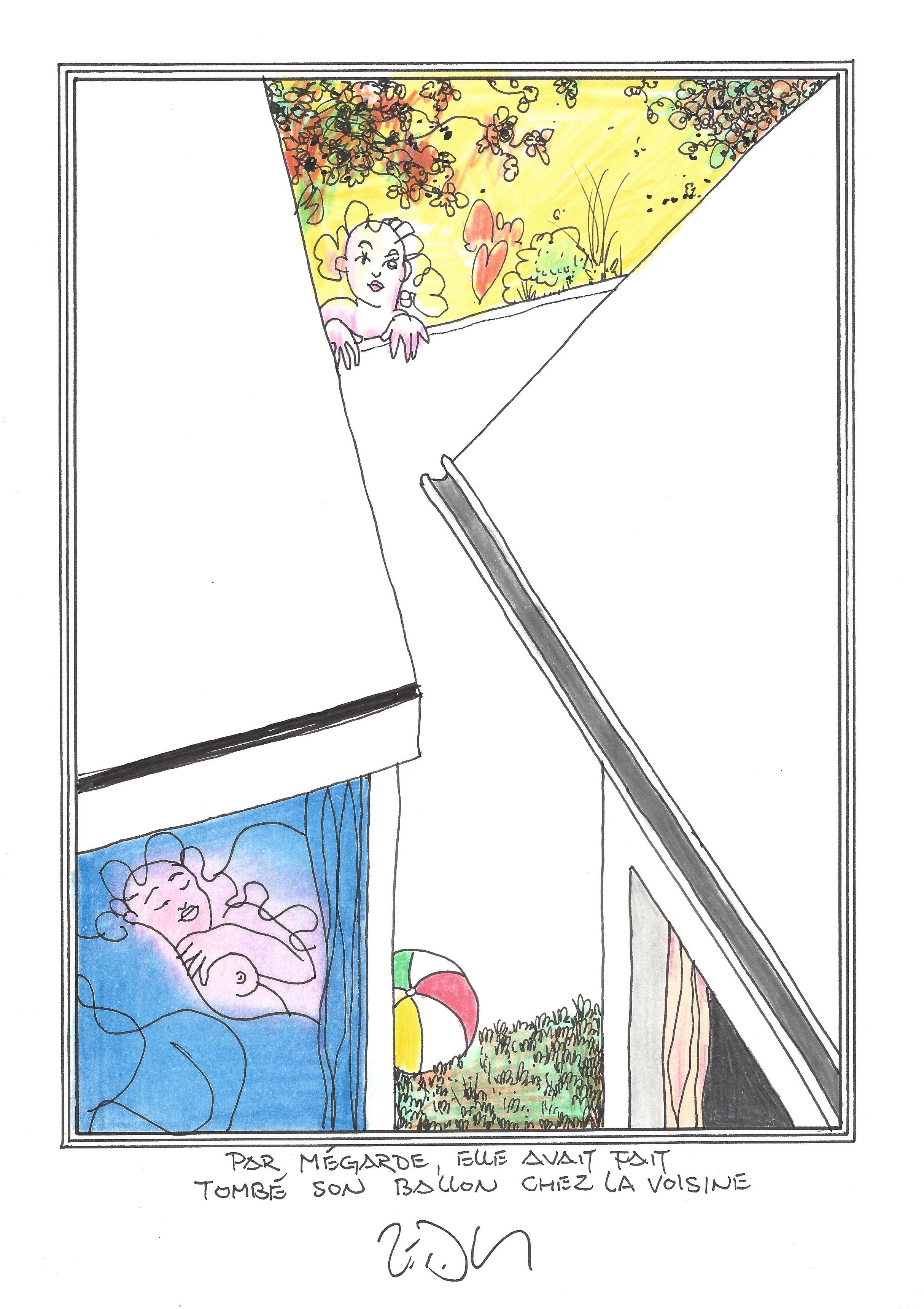 « Somehow she’d lost her ball over the neighbour’s fence – Par mégarde, elle avait fait tombé son ballon chez la voisine »